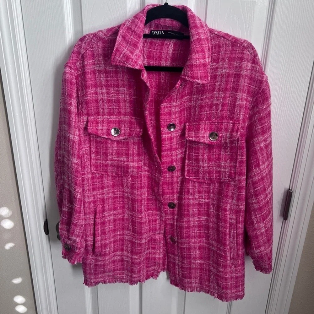 Zara Bright Pink Tweed Button-Up Jacket